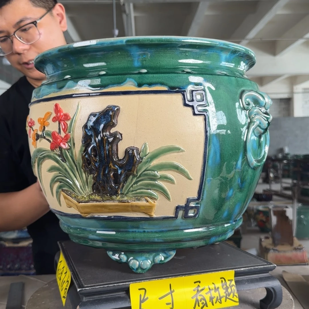 。一风堂石湾花盆 盆口收缩 釉水薄 拼接缝隙 内32*28