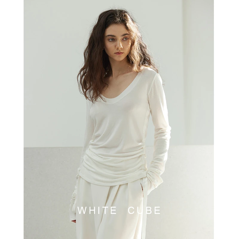 whitecube 软糯0压感可机洗天丝羊毛针织抽绳大圆领面膜T恤打底衫