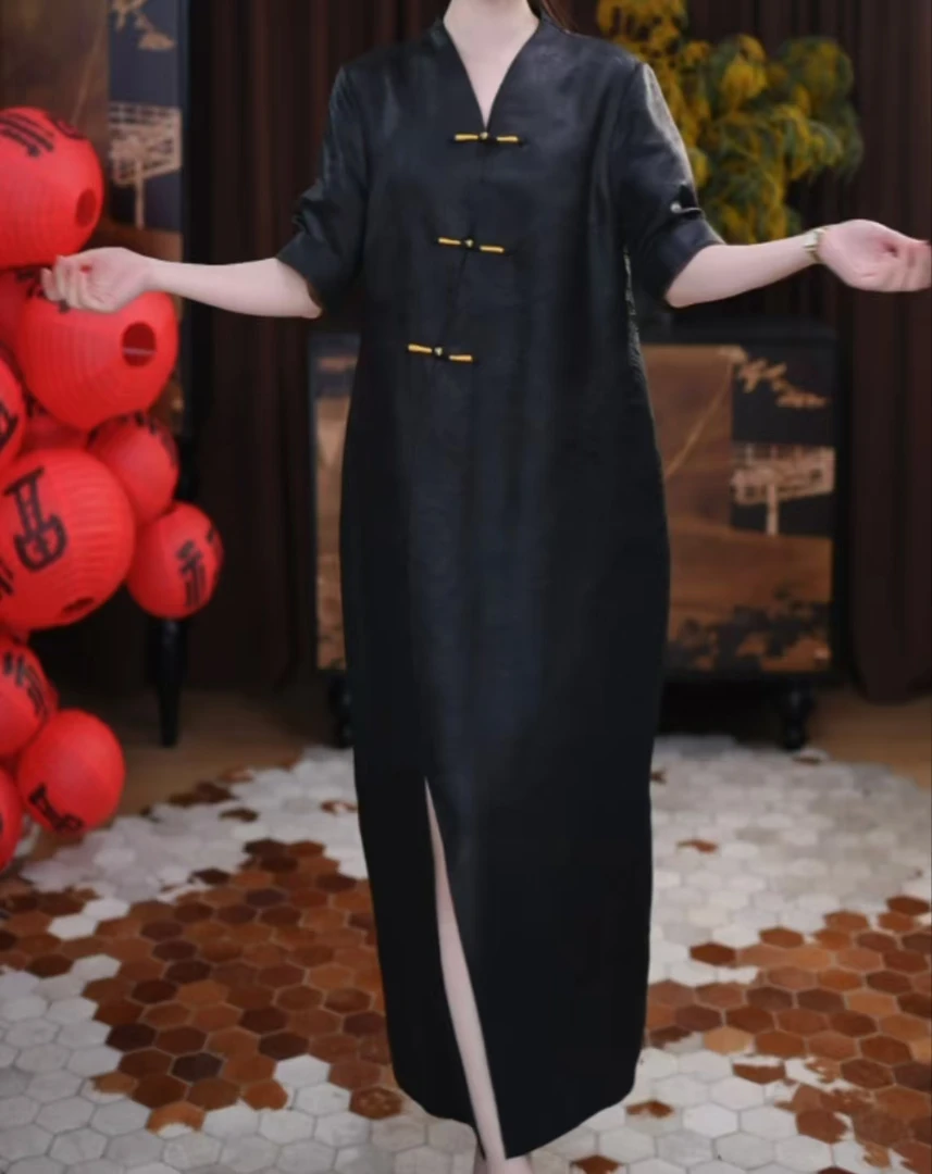 【杉逸】香云纱腔调设计感四季可穿印花V领春夏季百搭国风连衣裙