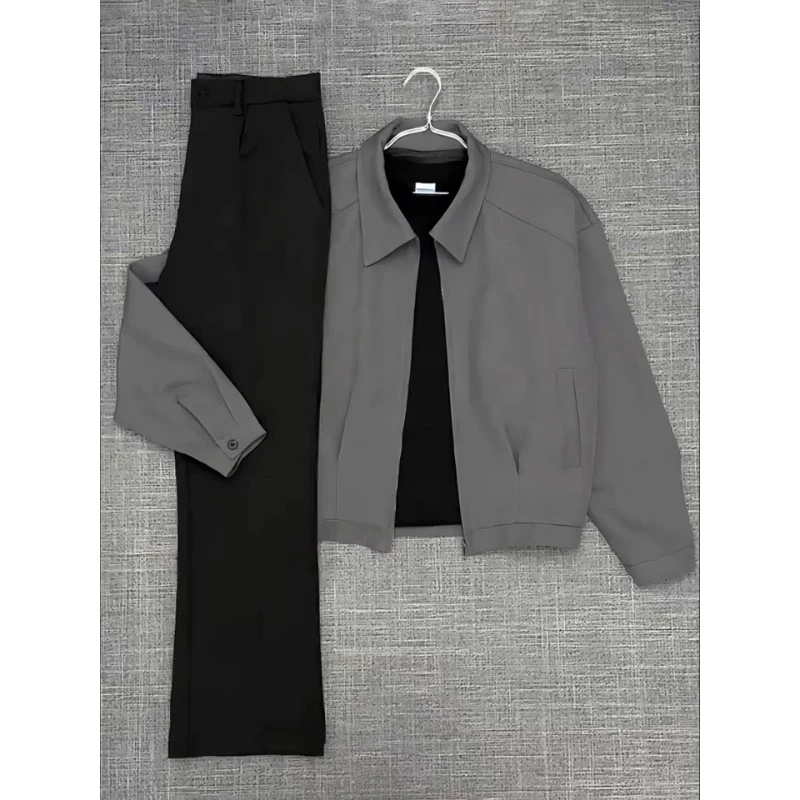 灰色cleanfit褶皱设计短款外套男美式复古高级感痞帅boxy翻领夹克