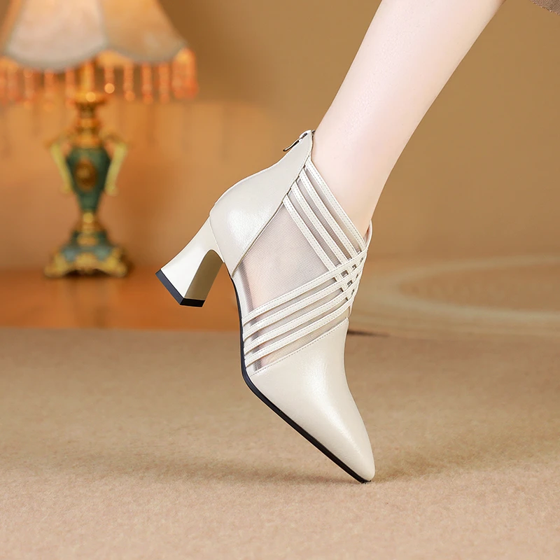 真皮粗跟网纱凉鞋/牛皮/33-41/9122时尚性感透气女鞋夏季可穿网靴