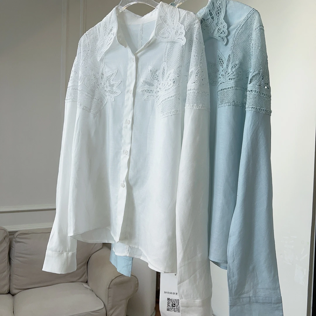 857原创小众设计亚麻蕾丝衬衫 法式极简风衬衫