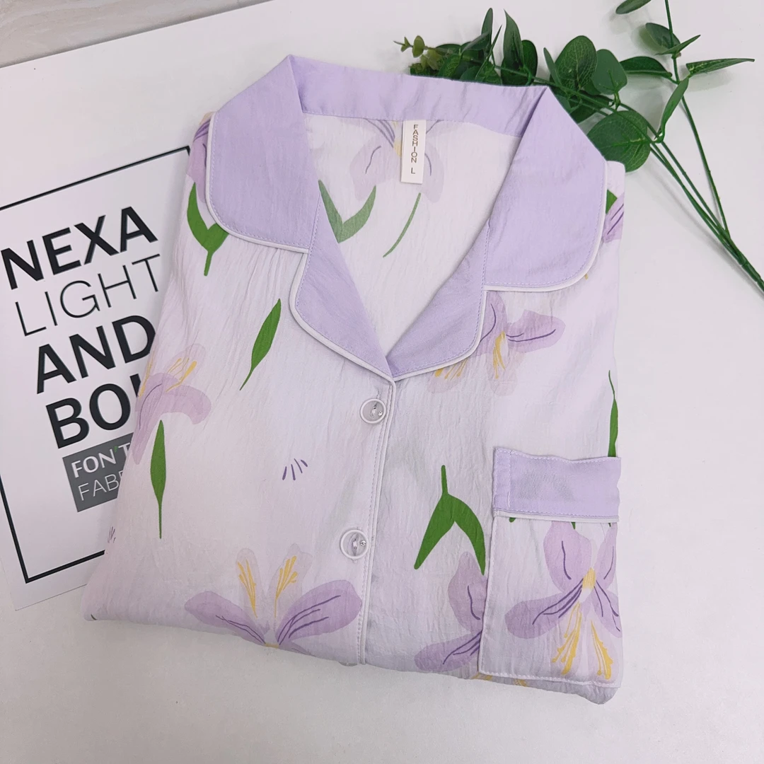 056#【云朵棉短袖短裤+长裤】紫色太阳花三件套女士睡衣套装家居服