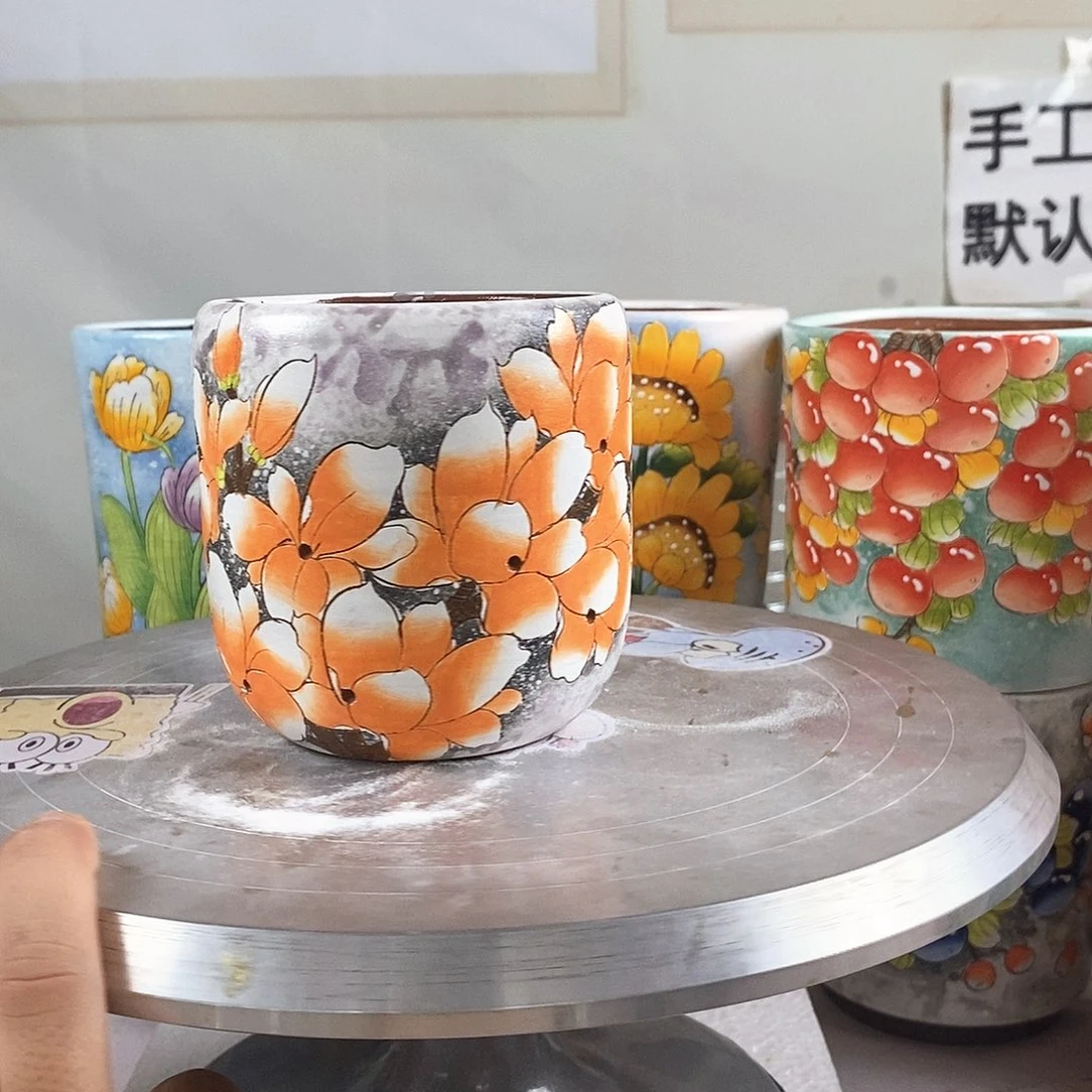 紫砂花盆红陶手绘盆满28包邮