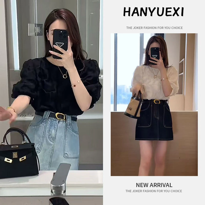 今年流行穿搭一整套2025新款褶皱泡泡袖设计上衣牛仔短裙休闲套装