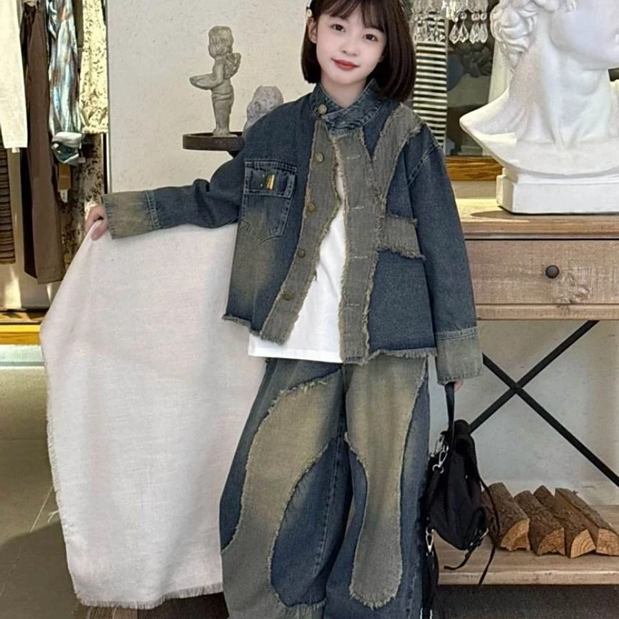 女童重工拼接牛仔套装春秋季2025新款儿童秋装中大童弯刀裤两件套