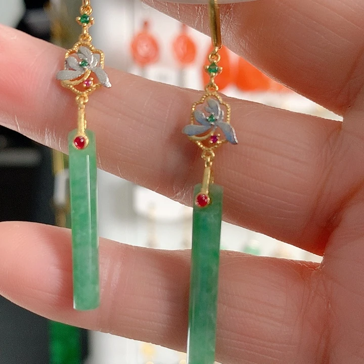 翡翠耳饰银S925镶嵌天然翡翠