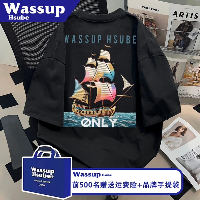 WASSUP HSUBE黑色上衣ins夏季帆船印花小众休闲T恤纯棉男女款短袖
