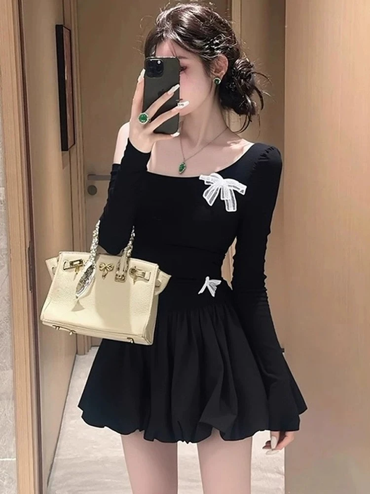 赫本风黑色露肩蝴蝶结连衣裙女秋冬收腰显瘦小个子别致漂亮短裙子