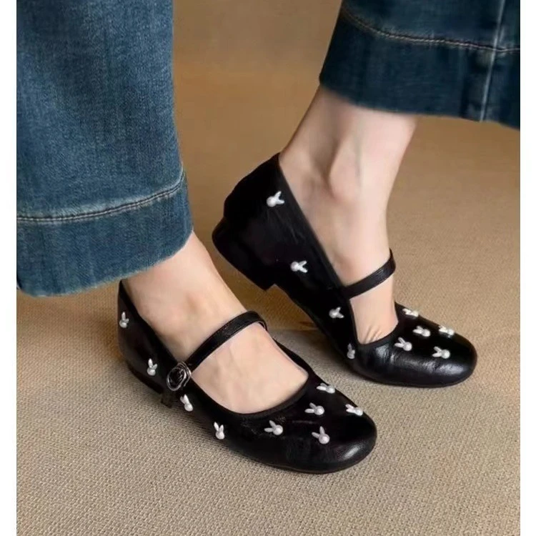 秒发~韩版兔子玛丽珍鞋女圆头真皮不累脚平底浅口百搭软单鞋