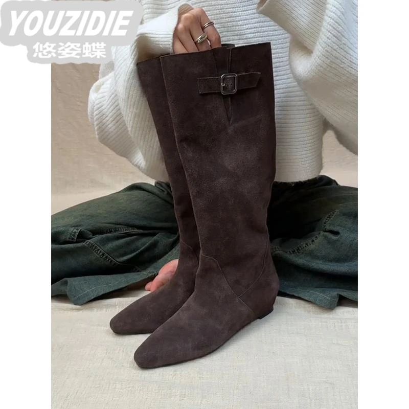 YOUZIDIE牛皮版~新款内增高显瘦百搭长筒靴女宽筒不过膝堆堆靴高