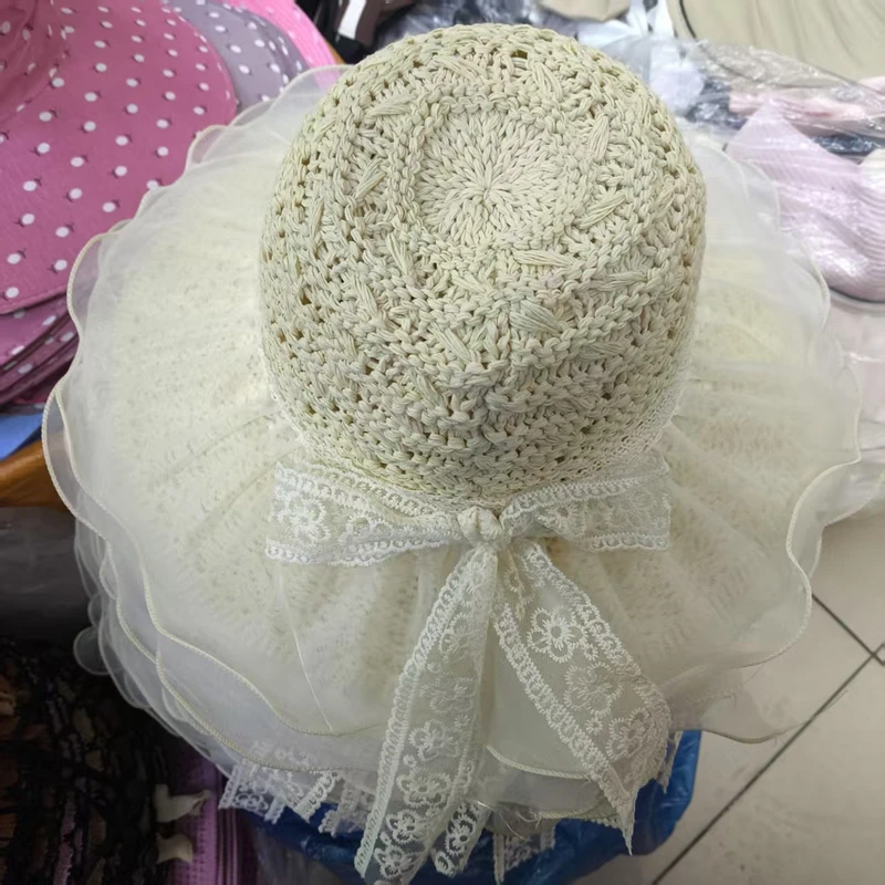 防晒显脸小草帽编织蕾丝透气防晒夏日旅游拍照镂空度假旅游大檐帽