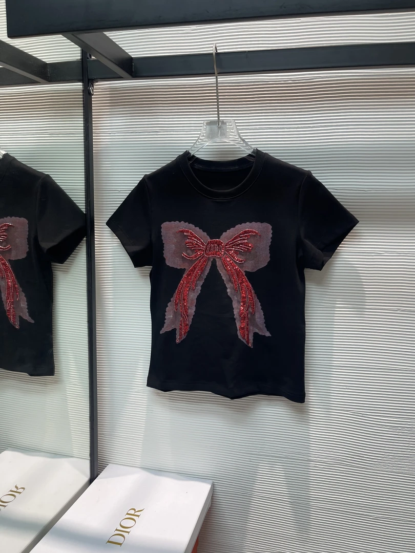 8039#南油高端女装重工钉珠蝴蝶结显瘦短袖t恤上衣女