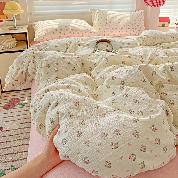 小清新春夏A类新款皱皱双层纱四件套床单被套宿舍三件套床上用品4