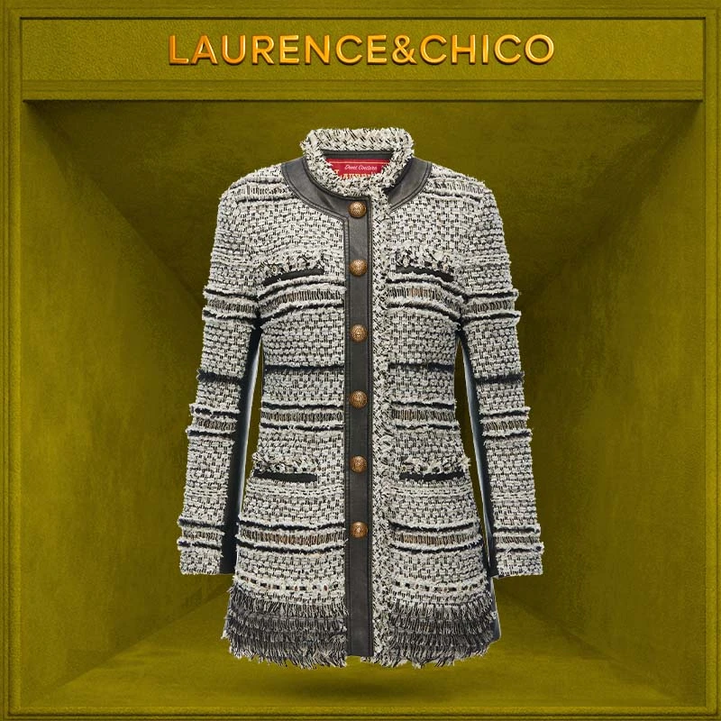 LAURENCE & CHICO钻饰粗花呢拼皮外套，黑白D3AQ10112024