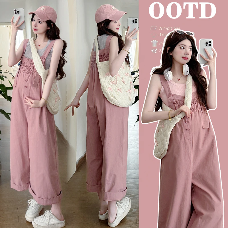 孕妇装女夏季舒适套装潮款洗水背带裤时尚洋气两件套打底背心夏装