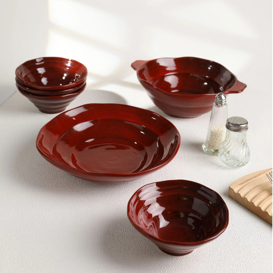 新年餐具复古餐具水波手捏碗盘窑变红餐具加厚防烫陶瓷碗家用菜盘