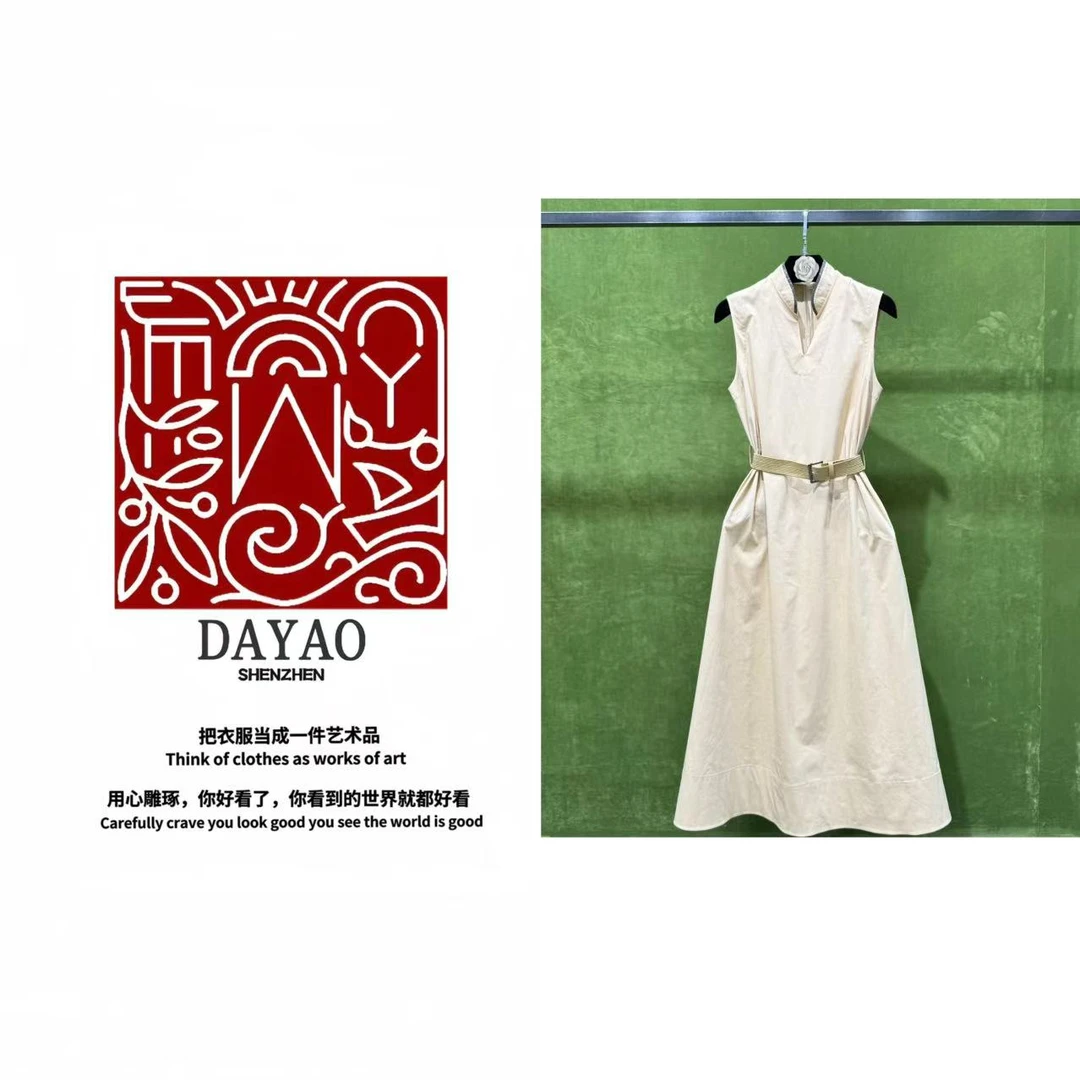 「DAYAO」新款百搭夏季无袖翻领腰带复古卡其色连衣裙 WYS25653