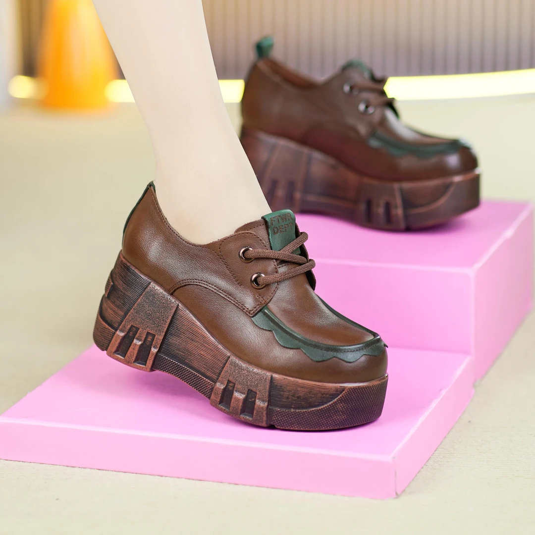 春季新款纯牛皮厚底松糕底拼色民族风复古乐福小单鞋RY5226