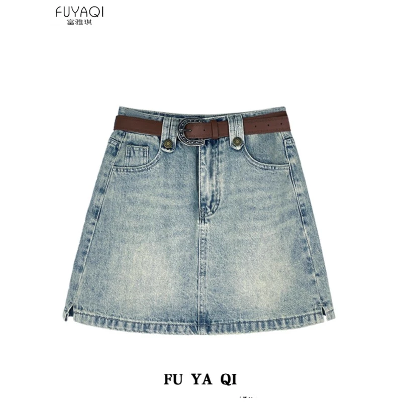 复古港风牛仔短裙夏季薄款高腰小个子大码胖mm显瘦包臀a字半身裙
