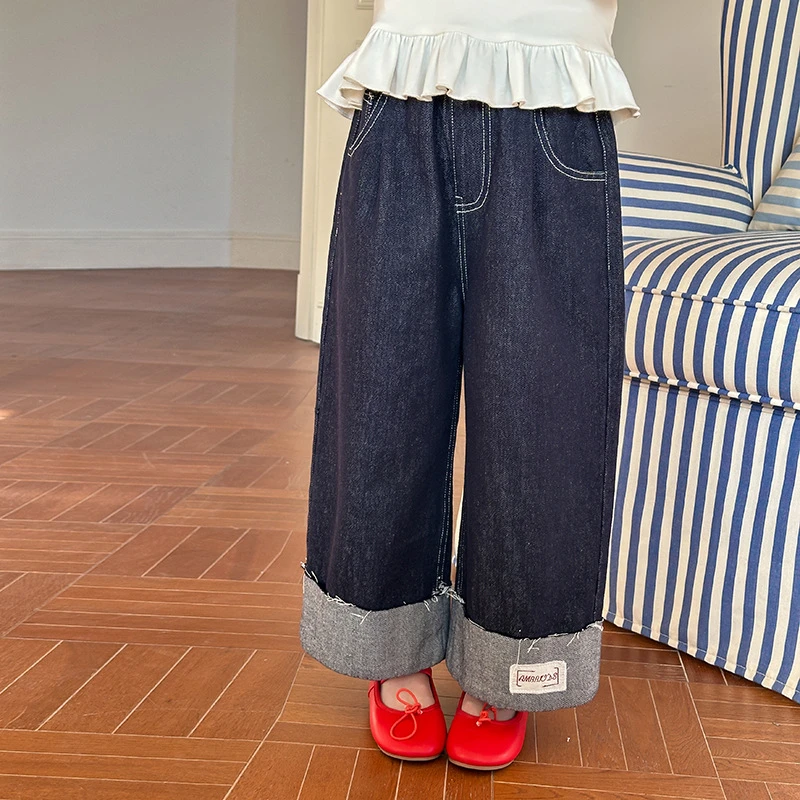 【春款新品】儿童贴标牛仔裤女童高品质防褪色休闲卷边直筒裤25A008