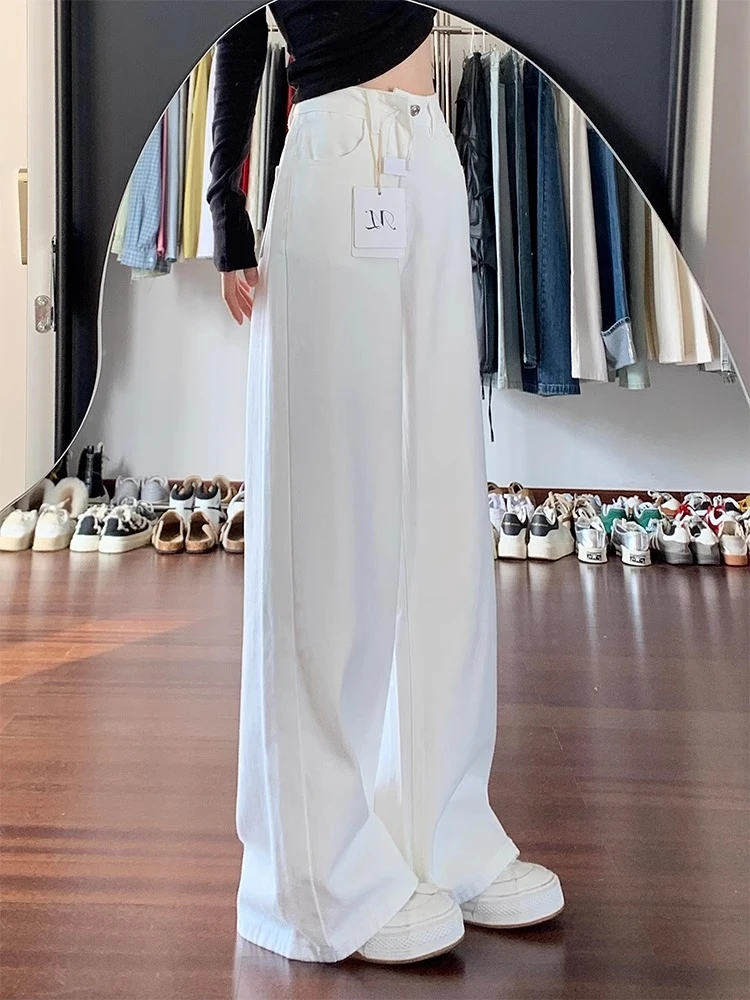 白色天丝阔腿牛仔裤女夏薄款大码胖mm高腰显瘦梨型身材窄版直筒裤