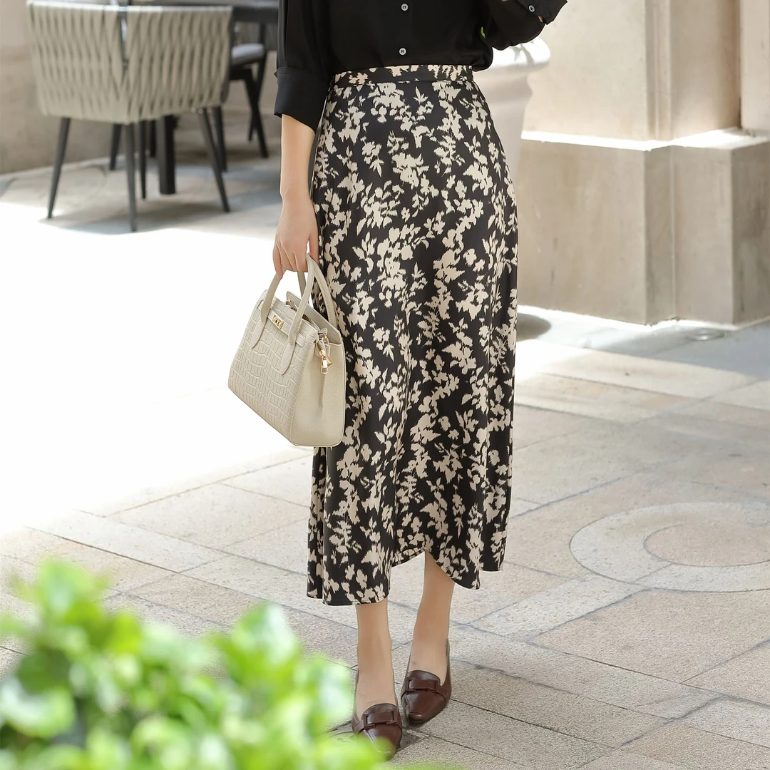 【杜小小】“行走时尚”法式气质轻奢显瘦印花百搭桑蚕丝半身裙18010