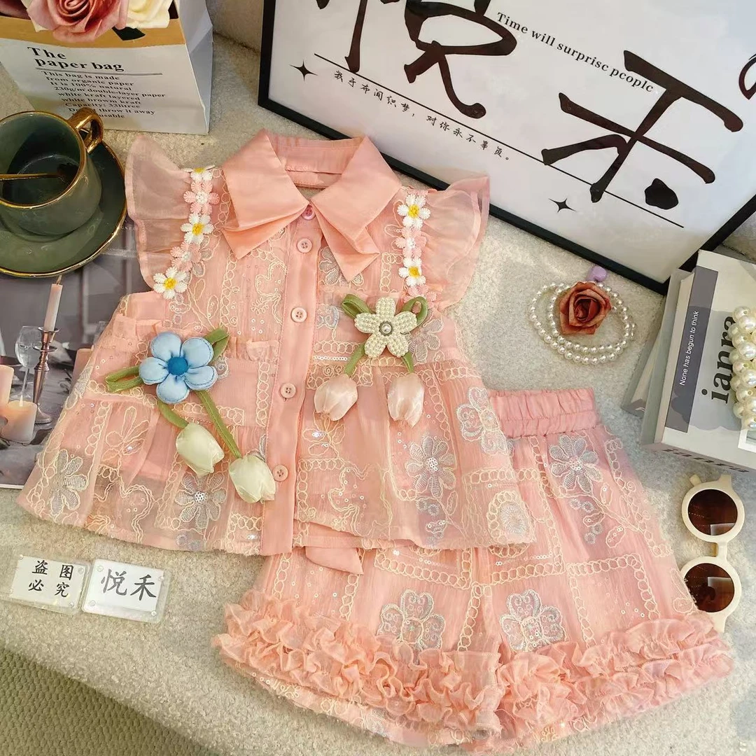 SD新款夏季女童时尚女宝粉色洋气高级新中式套装80176