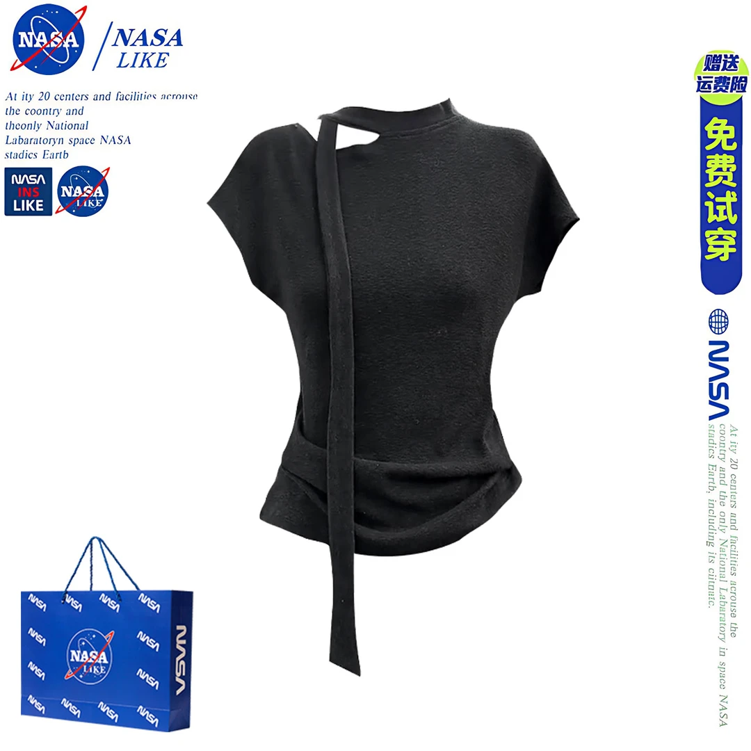 NASA复古飘带设计感短袖T恤女春夏辣妹气质时尚显瘦通勤百搭上衣