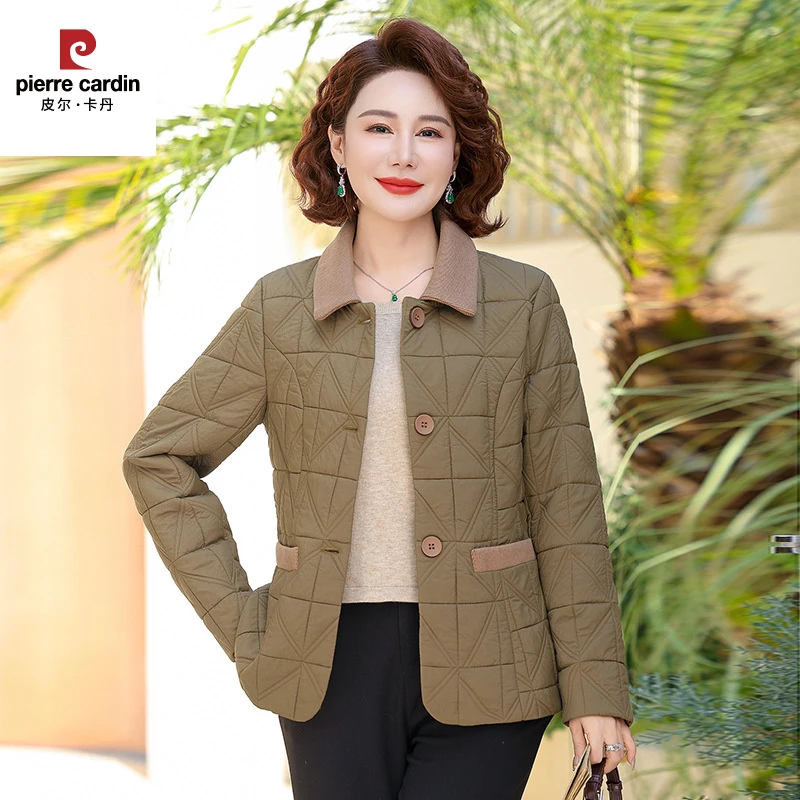 皮尔卡丹冬季新款轻薄棉衣中老年女装棉服外套妈妈秋冬季翻领薄棉