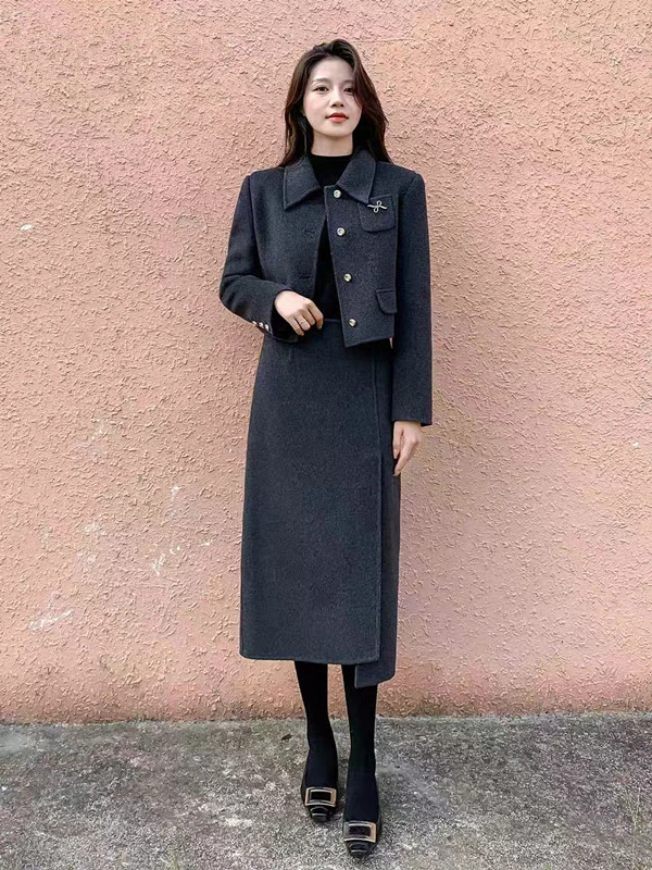 〈纪朵研〉H549套装女2025秋冬新款气质灰色大衣外套半身裙两件套