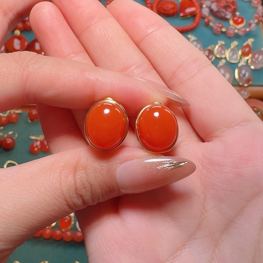 南红玛瑙银S925镶嵌耳饰