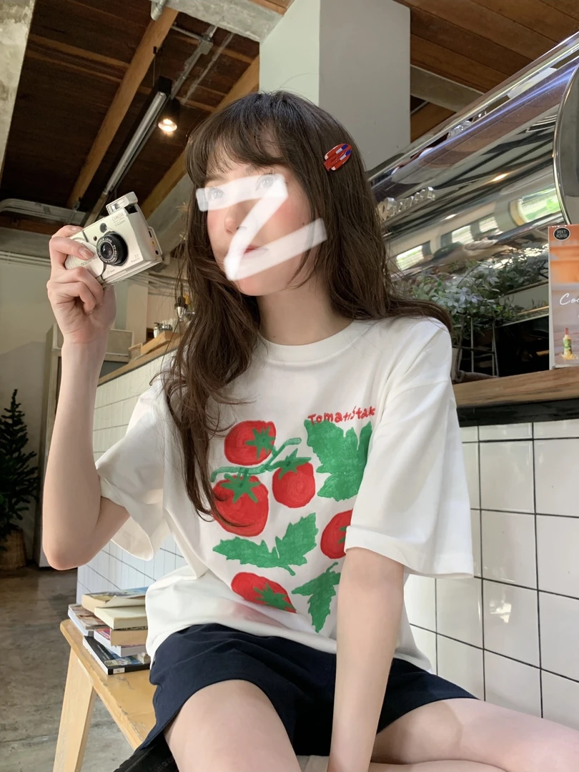 熟透的番茄印花短袖T恤女小众设计感宽松舒适休闲夏季穿搭上衣