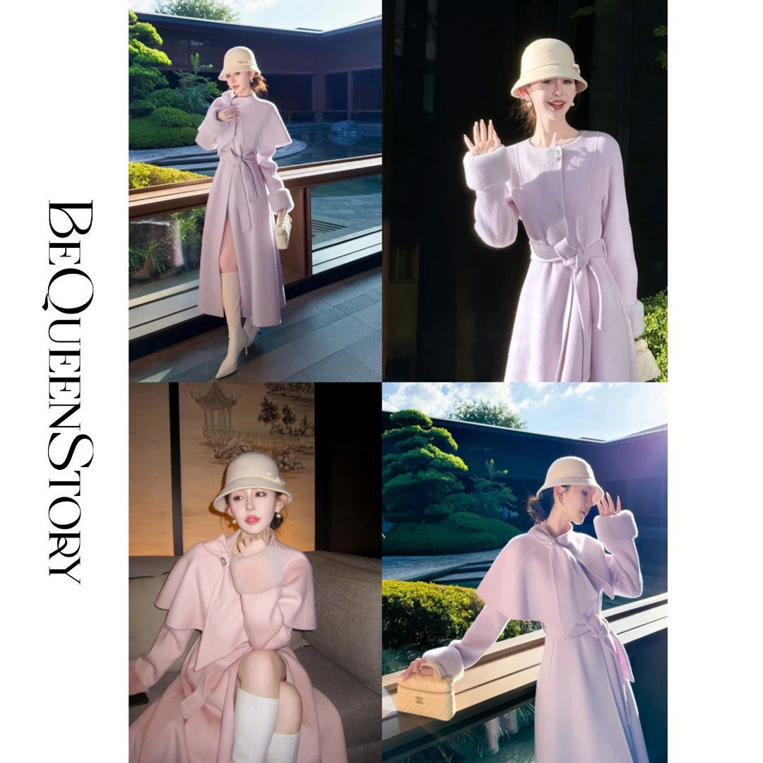 余潇潇【伊莎贝尔礼赞】轻奢100绵羊毛拼接水貂毛袖口A字双面呢大衣