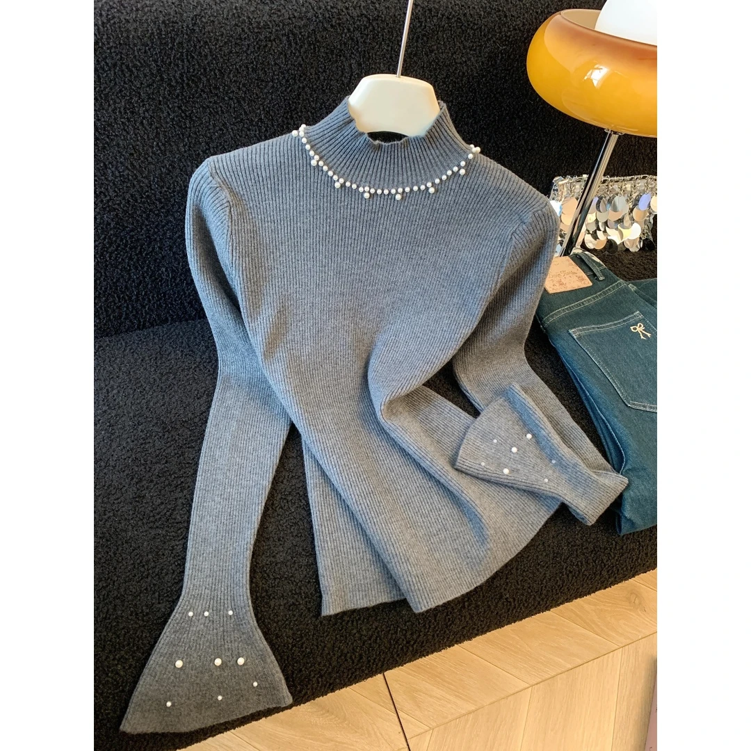甜美重工钉珠喇叭袖针织衫女2025新款修身毛衣时尚减龄半高领上衣