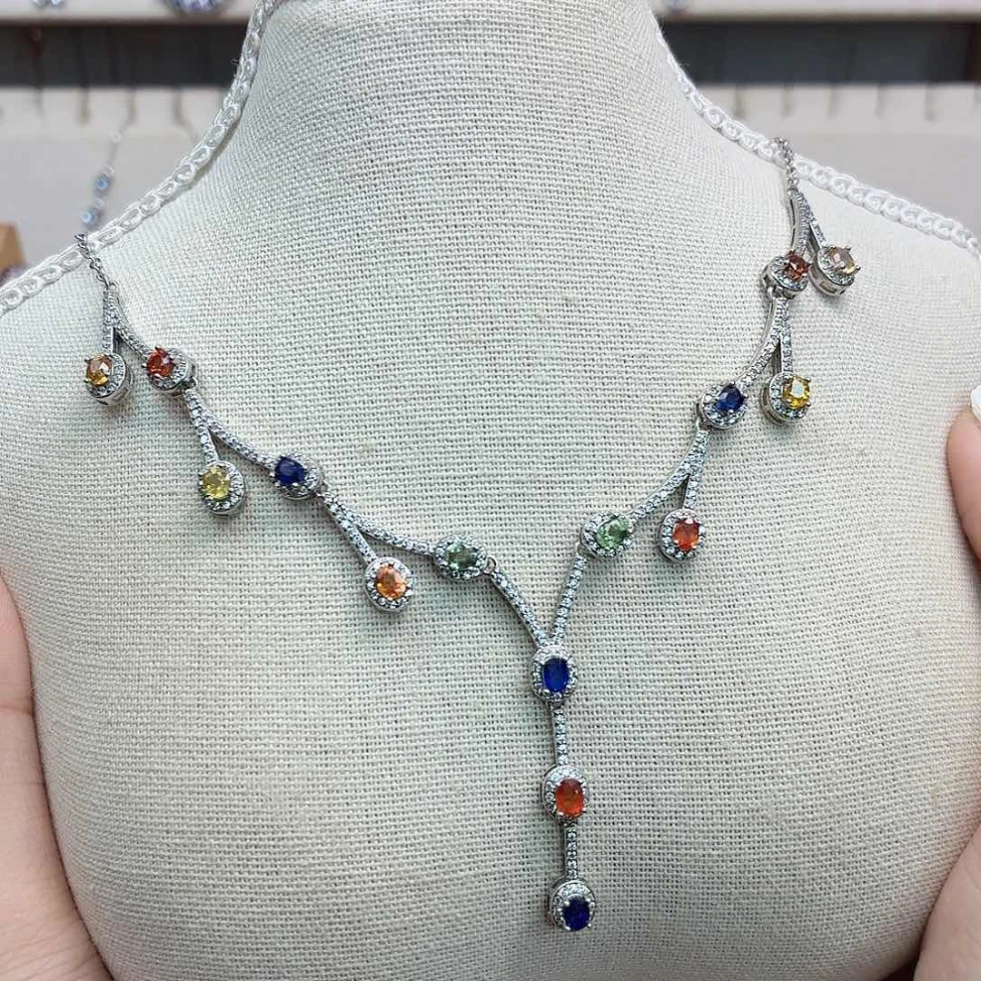 银S925镶嵌彩色蓝宝石项链