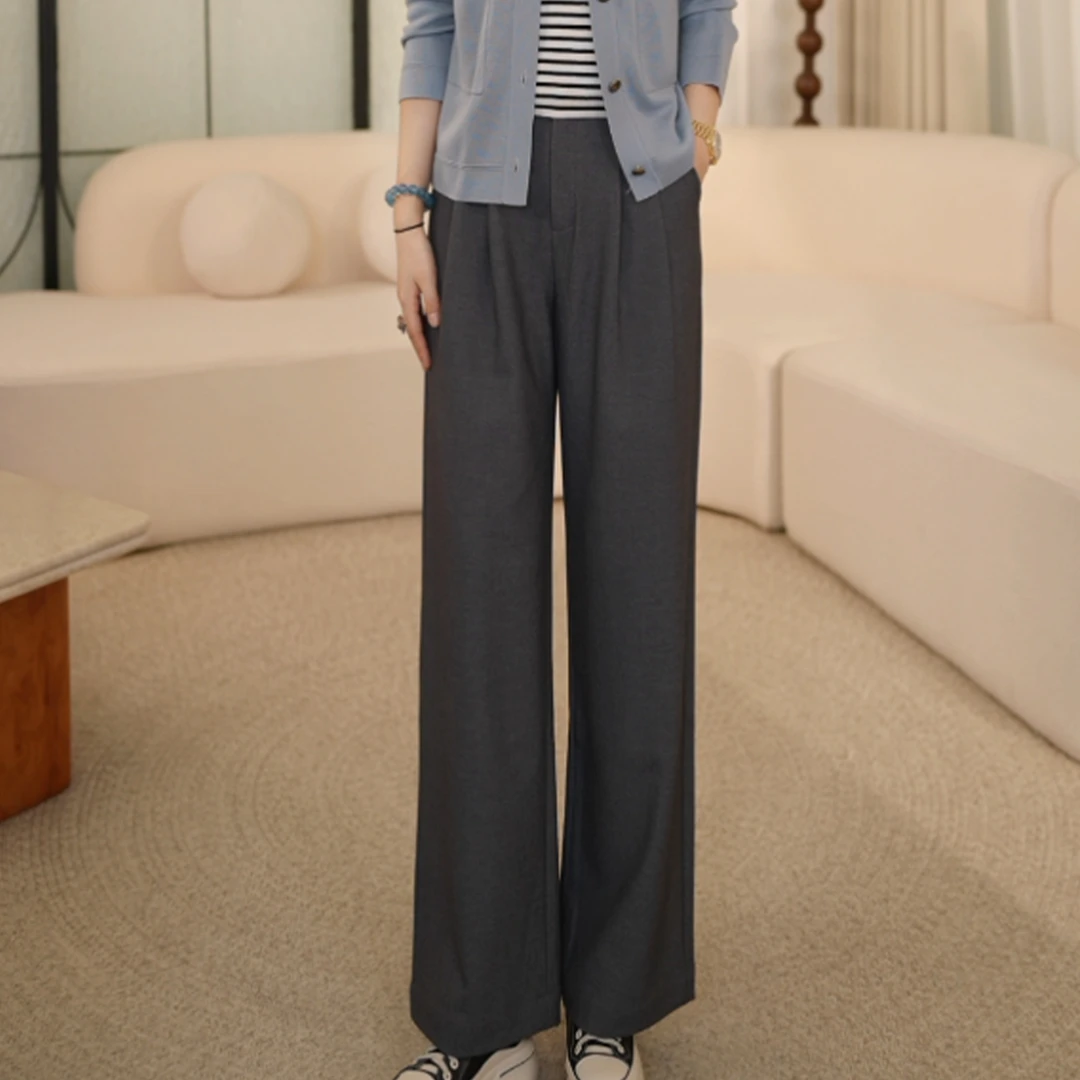 枫竺阿楠anan中高腰压褶休闲直筒醋酸西裤女秋季简约百搭松弛长裤