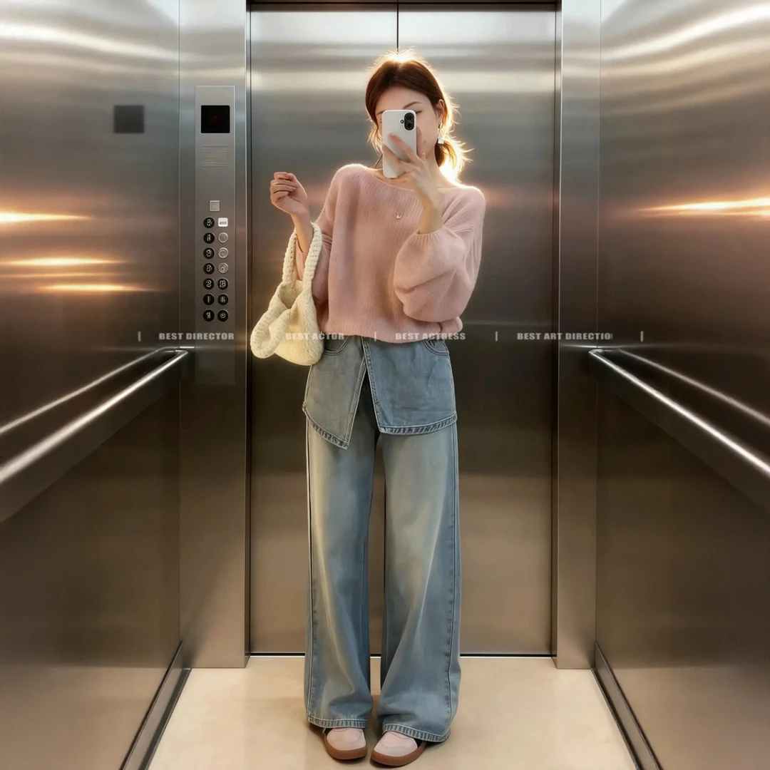 巨好看的早秋韩风chic一整套温柔气质慵懒风针织上衣牛仔裤套装女