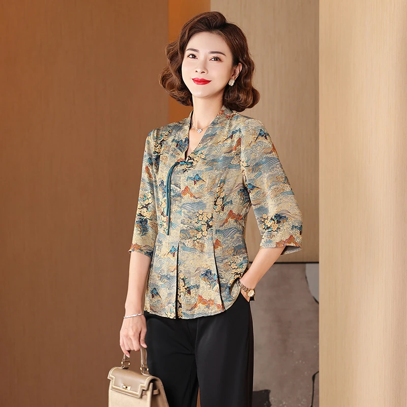 夏装新款衬衫中老年妈妈衬衣新款时尚花色T恤