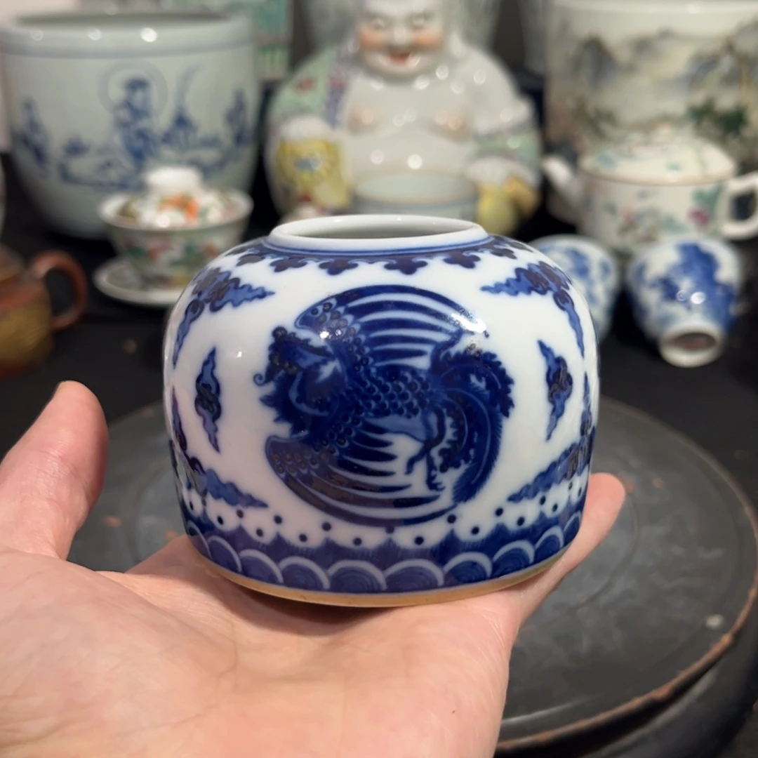 摆件青花团凤纹水盂罐