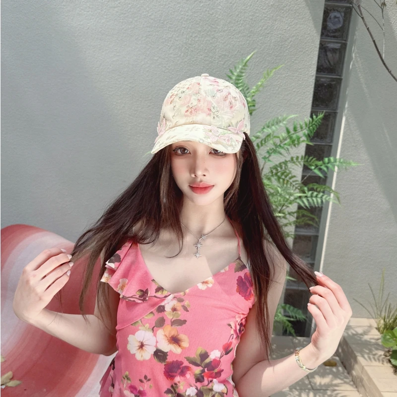 CREAMPP 原创春夏淡逸清雅镂空刺绣印花棒球帽铜丝珠花质感鸭舌帽