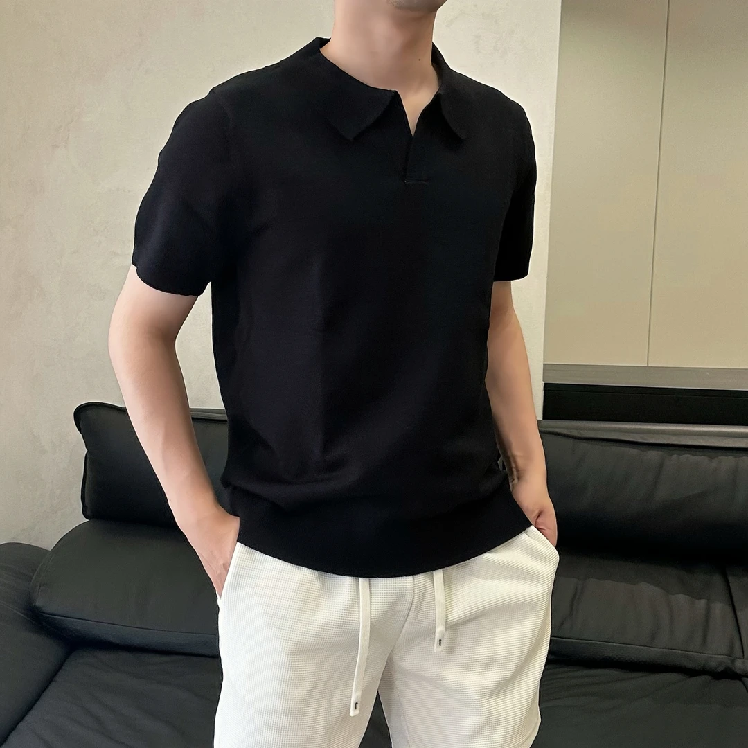 V领POLO高端可机洗针织衫短袖男士夏季轻奢老钱风圆领内搭上衣