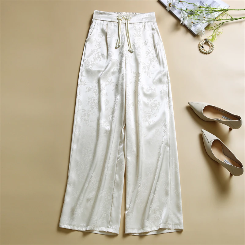 时尚高端缎面裤新中式国风提花阔腿裤女夏新款宽松显瘦休闲直筒