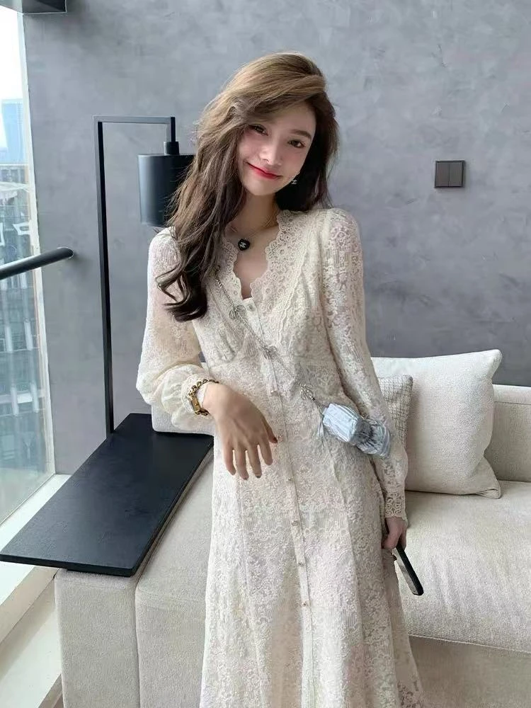 【LM定制】NN1310高级感蕾丝显瘦气质连衣裙长袖时尚法式温柔收腰