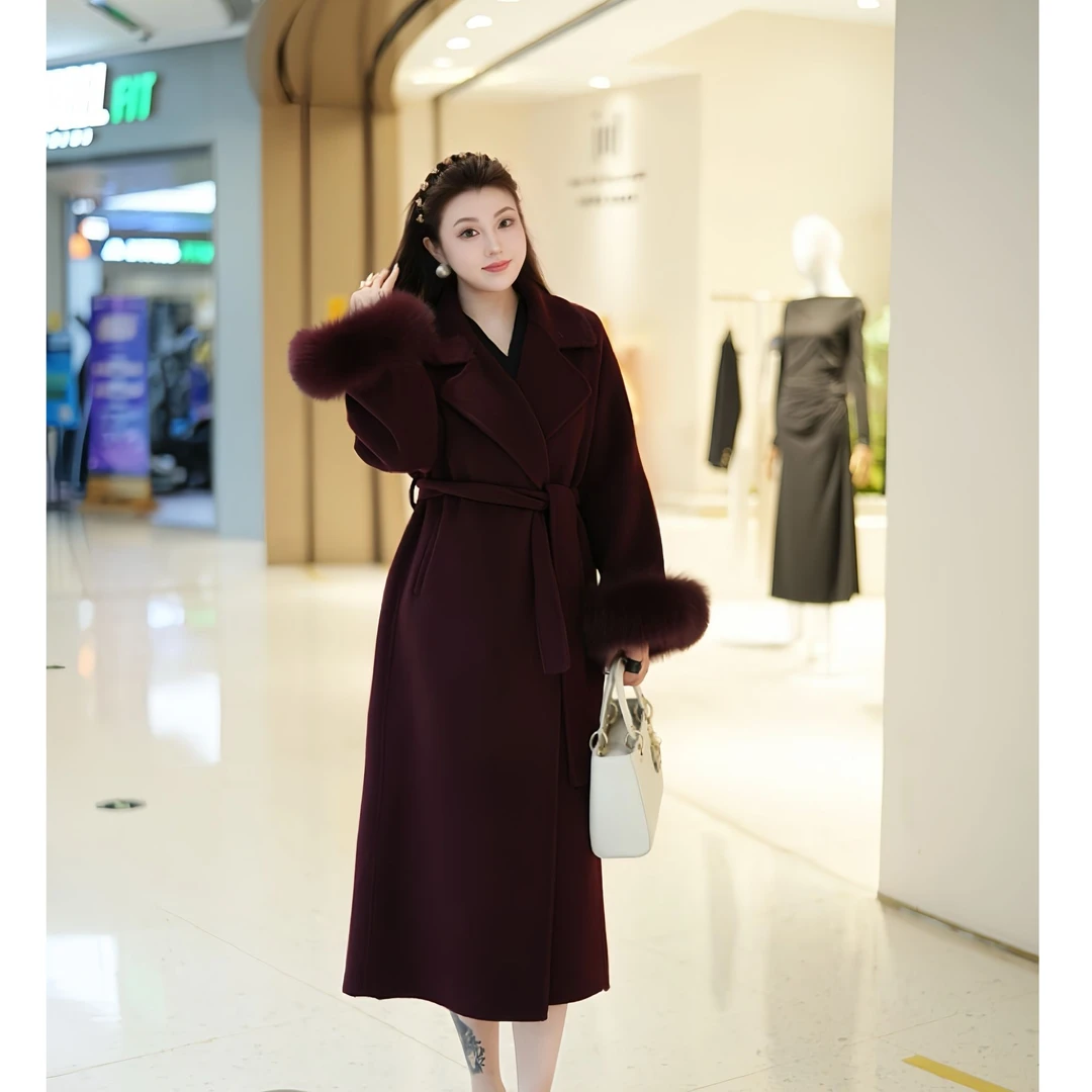 【大衣】XYD71791贵气双面呢大衣纯色毛毛袖口毛呢外套大码女装大衣