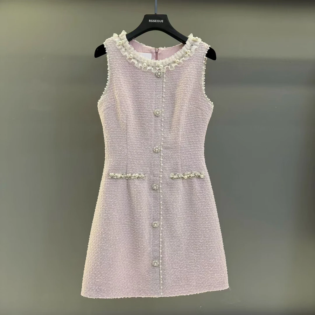 重工钉珠圆领小香风连衣裙女夏轻薄花呢名媛气质修身无袖背心裙子