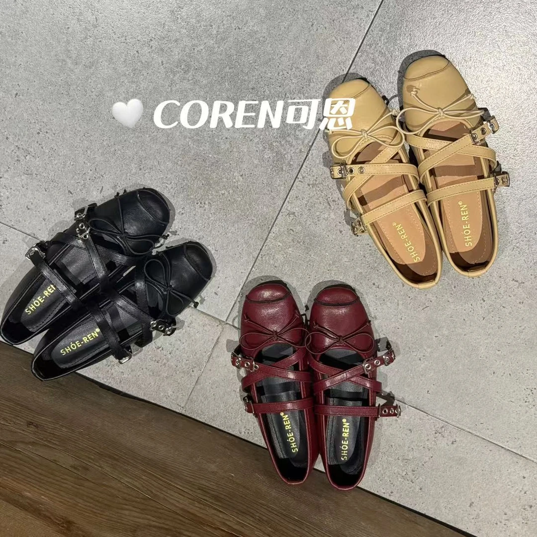真皮版芭蕾风铆钉玛丽珍鞋女2025春夏法式复古蝴蝶结单鞋