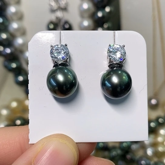 海水珍珠耳饰银S925镶嵌9-10