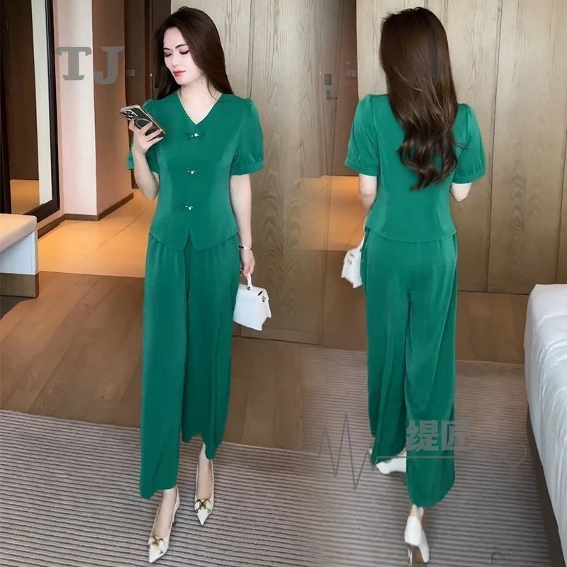 【90%好评率】新中式时尚冰丝套装女2024夏季新款洋气显瘦盘扣短袖