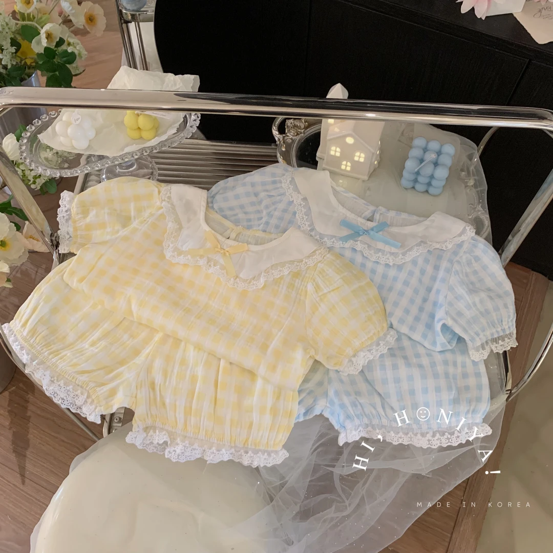 xian【格子睡衣】二Hihoniya~2024春季款蝴蝶结圆领睡衣套装童装